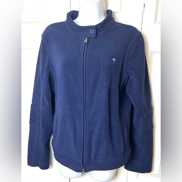 LILLY PULITZER Fleece Jacket Coat Navy Blue Pink Palm Tree Pockets Elbow Patch - Picture 1 of 16